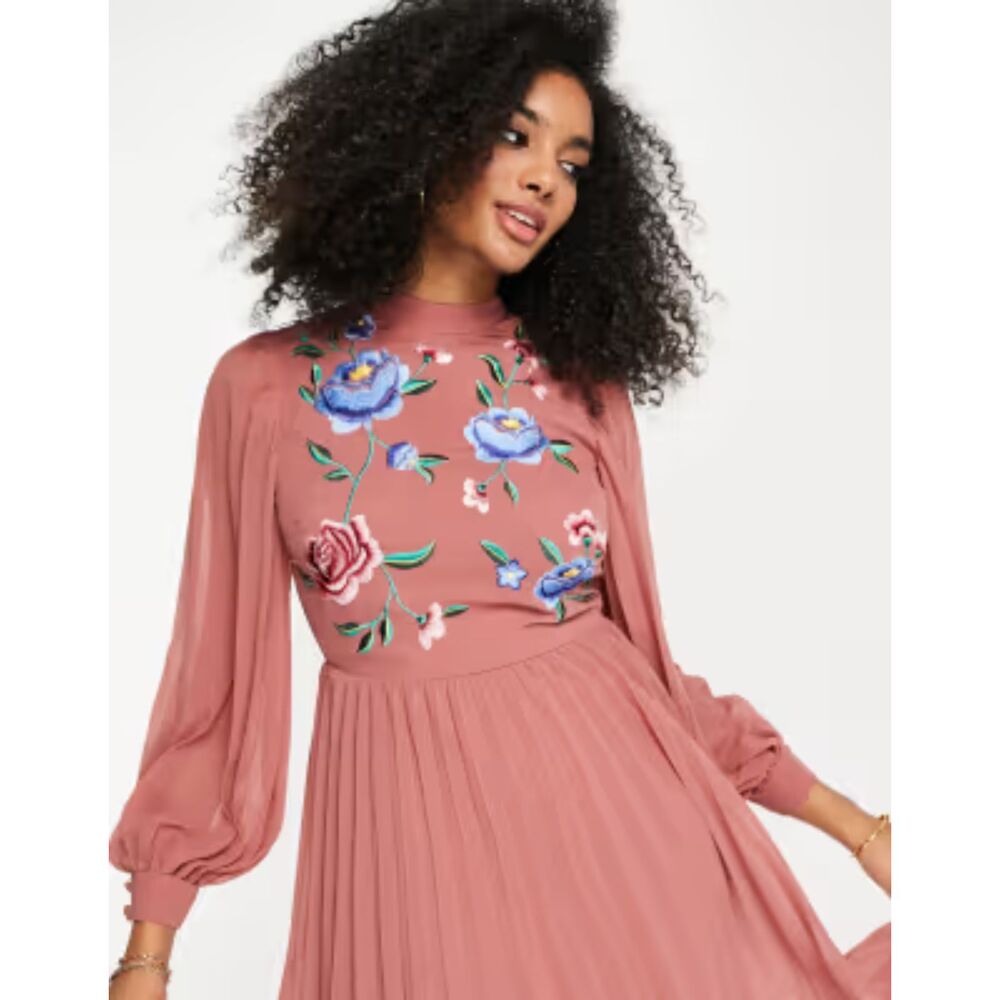Asos | high neck pleated long sleeve midi dress w/ embroidery dusky pink | Sz 4
